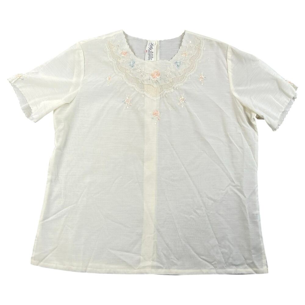 Vintage Lily Embroidered Sheer Floral Lace Cream Blouse Cottage Romantic Top XL